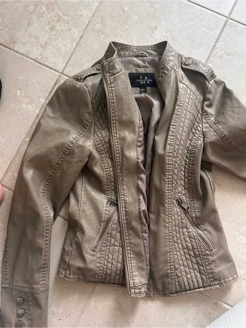 Taupe Faux-Leather Moto Jacket with Quilted Panels